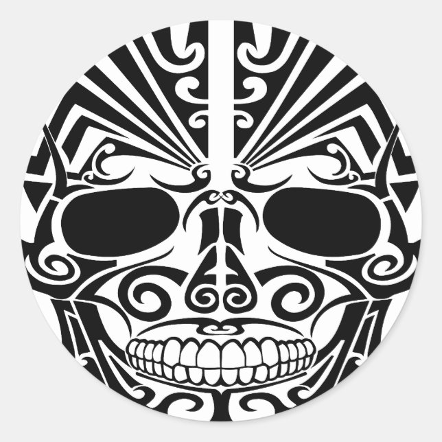 Adesivo Redondo Maori Tattoo Mask Skull (Frente)