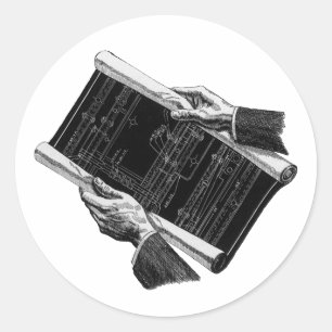 Adesivo Redondo Mãos com plantas arquitetônicas azuis vintage de n