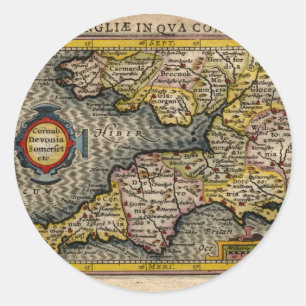 Adesivo Redondo Mapa 1610 de Cornualha, de Devon, de Somerset,