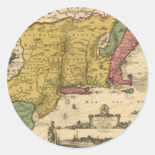 Adesivo Redondo Mapa 1685 - Nova Bélgica, O Novo Mundo, Nova Ingl