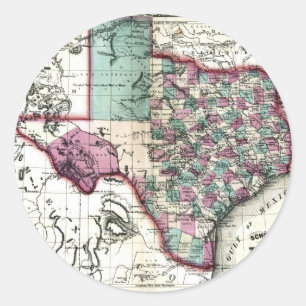 Adesivo Redondo Mapa 1866 velho de Texas