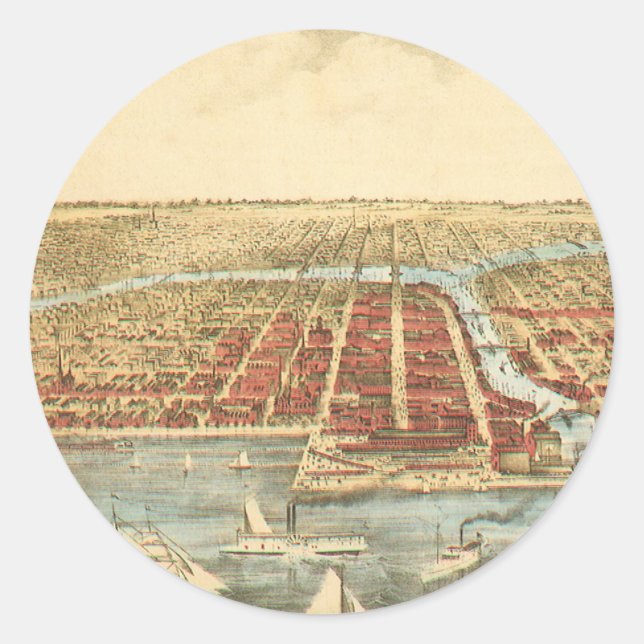 Adesivo Redondo Mapa Antíaco de Chicago, rua La Salle e rio (Frente)