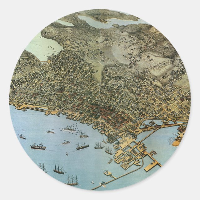 Adesivo Redondo Mapa Antigo da Cidade de Seattle Washington (Frente)