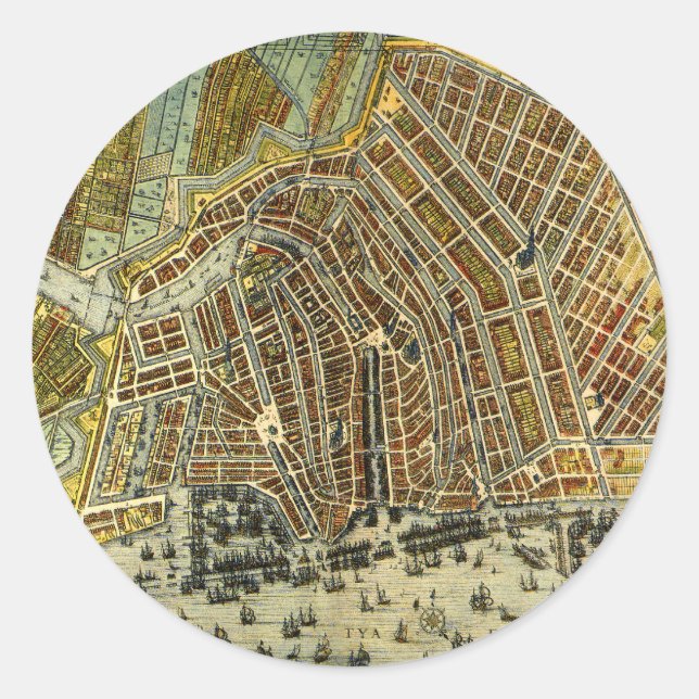 Adesivo Redondo Mapa Antigo da Rua de Amsterdã, Holanda (Frente)
