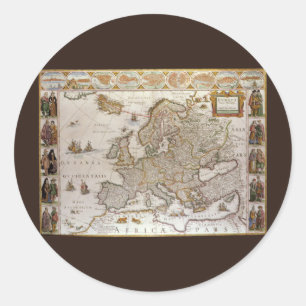 Adesivo Redondo Mapa antigo de Europa por Willem Jansz Blaeu,