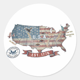 Adesivo Redondo Mapa Antigo dos Estados Unidos - American Patriot