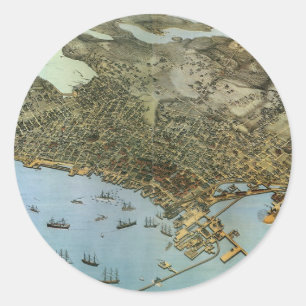 Adesivo Redondo Mapa Antigo Vista Aérea Cidade de Seattle Washingt