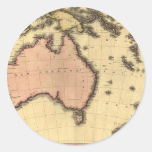 Adesivo Redondo Mapa da Australásia de 1818 - Austrália, Nova Zelâ