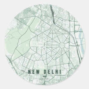 Adesivo Redondo Mapa da Cidade de Nova Deli, Índia, Design Minimal