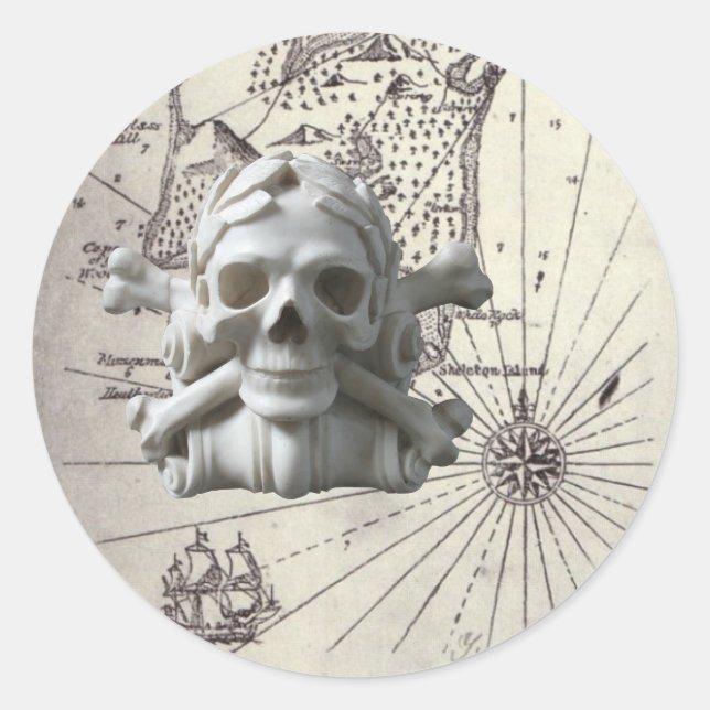 Adesivo Redondo Mapa da Ilha Round Treasure com Stickers Skull (Frente)