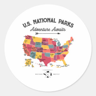 Adesivo Redondo Mapa de 63 Parques Nacionais Us Parque Retro Vinta