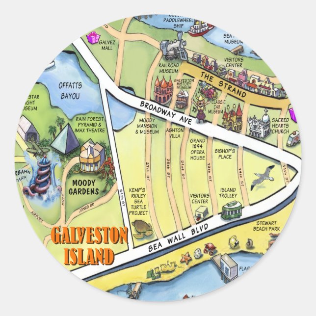 Adesivo Redondo Mapa de Cartoons do Galveston Texas (Frente)