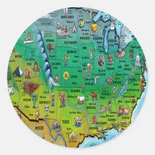 Adesivo Redondo Mapa de desenhos animados dos EUA