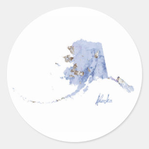 Adesivo Redondo Mapa de Estado do Alasca Azul e Dourado
