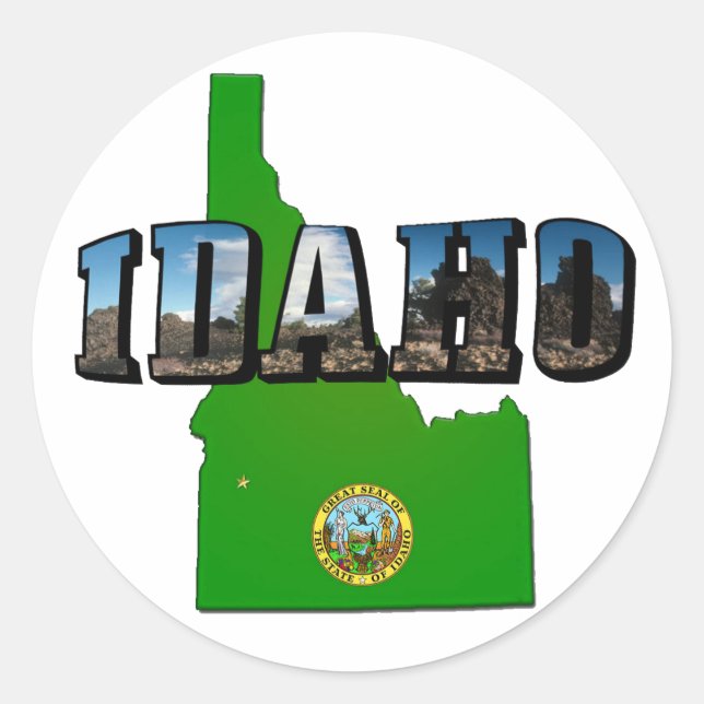 Adesivo Redondo Mapa de Idaho, selo e texto da imagem (Frente)
