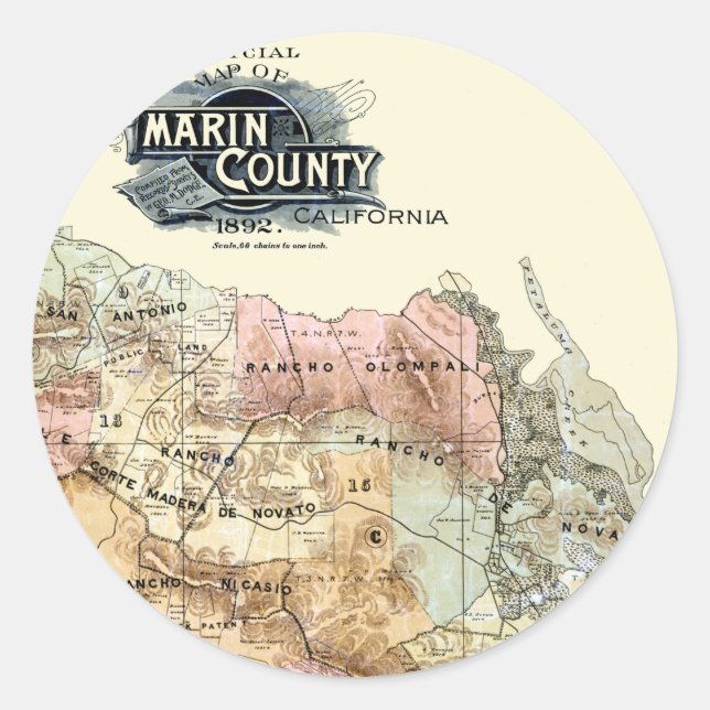 Adesivo Redondo Mapa de Marin County em 1890 (Frente)