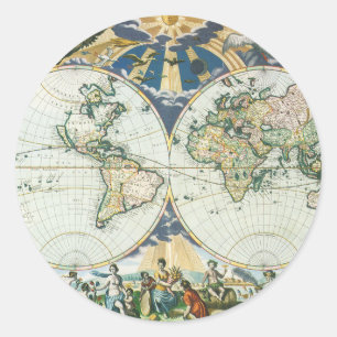 Adesivo Redondo Mapa de Velho Mundo antigo do vintage, 1666 por
