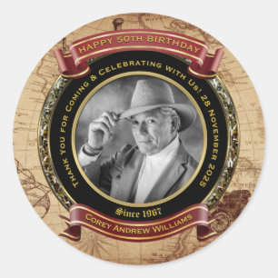 Adesivo Redondo Mapa de Vintagem de Fotos Dourado de aniversário 