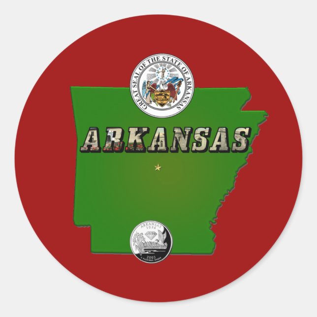 Adesivo Redondo Mapa do Arkansas, Selo e Serviço Estatal Faux Quar (Frente)