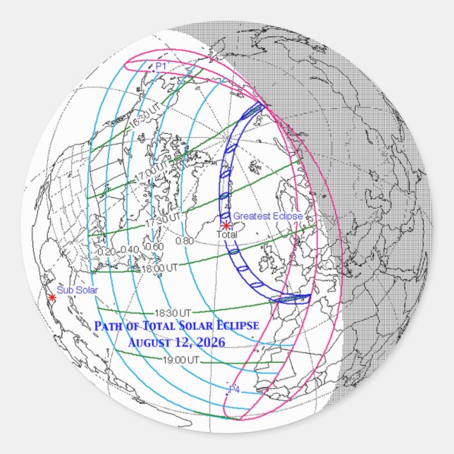 Adesivo Redondo Mapa do Eclipse Solar Total de 2026 (Frente)