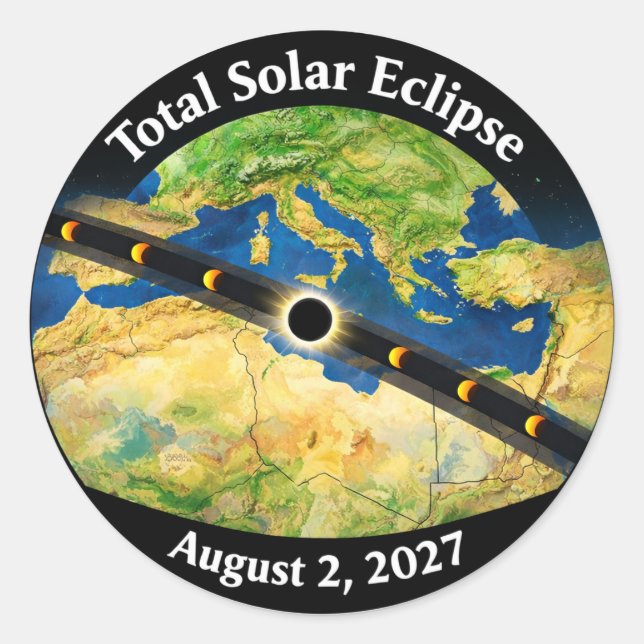Adesivo Redondo Mapa do Eclipse Solar Total de 2027 (Frente)