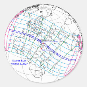 Adesivo Redondo Mapa do Eclipse Solar Total de 2027