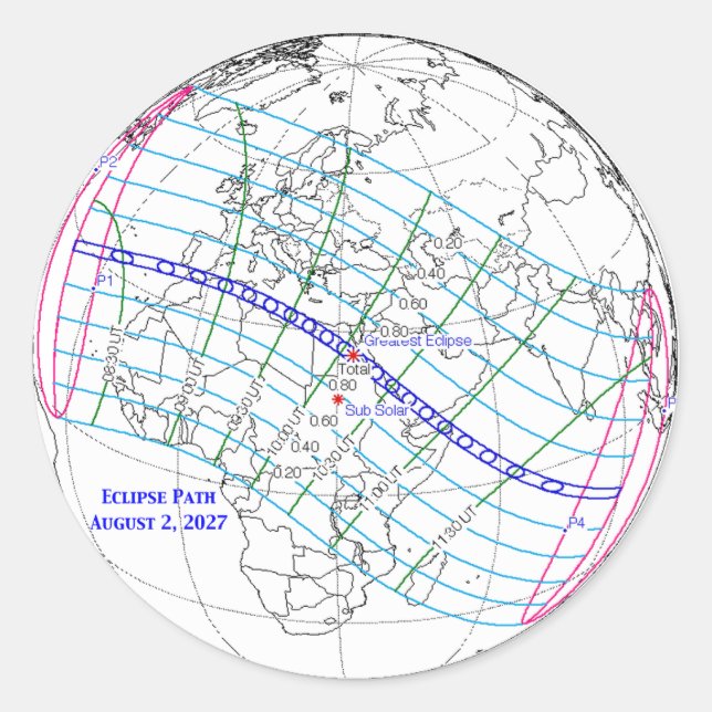 Adesivo Redondo Mapa do Eclipse Solar Total de 2027 (Frente)