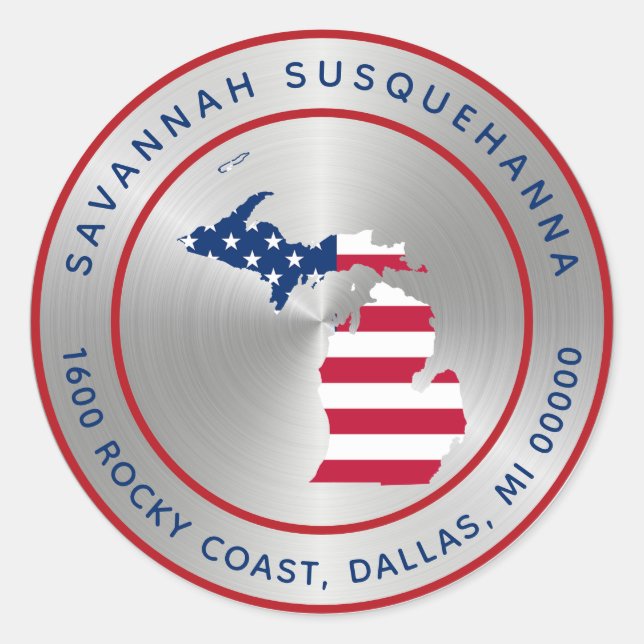 Adesivo Redondo Mapa do Estado Azul Branco Silver no Michigan (Frente)