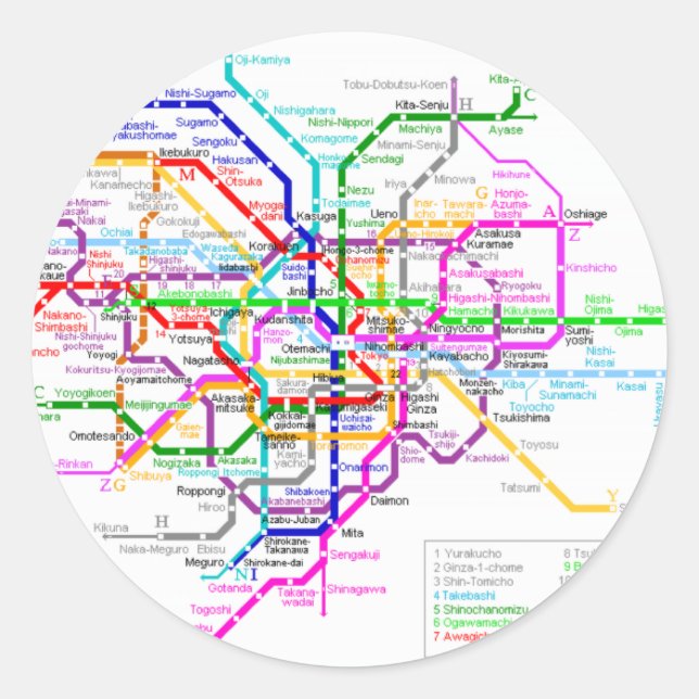 Adesivo Redondo Mapa do metrô do Japão em Tóquio (Frente)