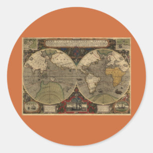 Adesivo Redondo Mapa do mundo 1595 do vintage por Jodocus Hondius