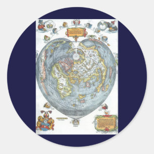 Adesivo Redondo Mapa do mundo antigo dado forma coração Peter do