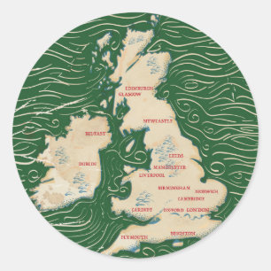 Adesivo Redondo Mapa do Reino Unido Cartaz verde vintage
