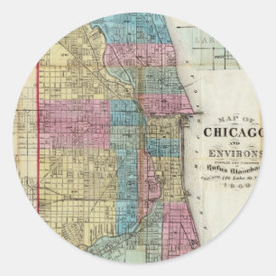 Adesivo Redondo Mapa do vintage de Chicago (1869)