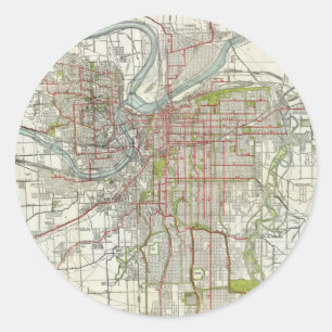 Adesivo Redondo Mapa do vintage de Kansas City Missouri (1920)