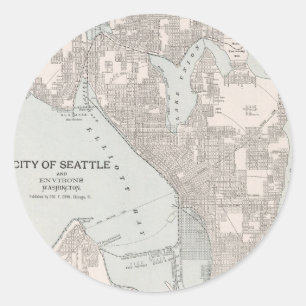 Adesivo Redondo Mapa do vintage de Seattle Washington (1901)
