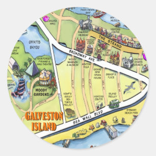 Adesivo Redondo Mapa dos desenhos animados de Galveston Texas