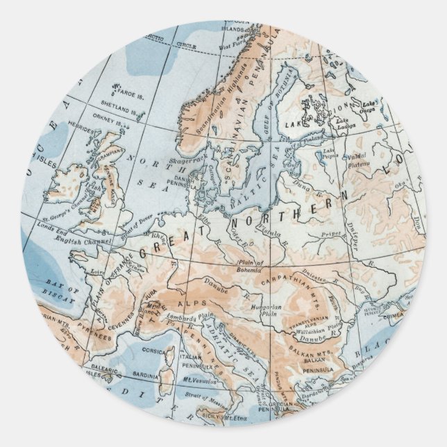 Adesivo Redondo Mapa Físico da Europa (1916) (Frente)