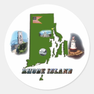 Adesivo Redondo Mapa, Fotos e Texto de Rhode Island