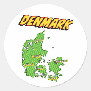 Adesivo Redondo Mapa ilustrado da Dinamarca em Pop Art