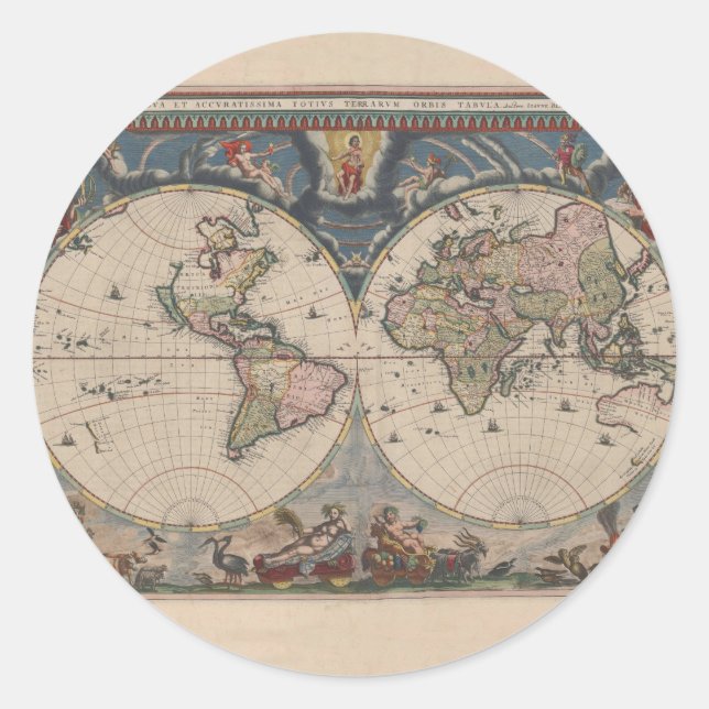 Adesivo Redondo Mapa Mundial Antiquado: Arte Cartográfica Históric (Frente)