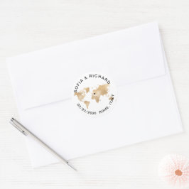 Adesivo Redondo Mapa Mundial de Destino de Casamento Dourado Coraç