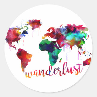 Adesivo Redondo Mapa Mundial de Wanderlust da Aquarela
