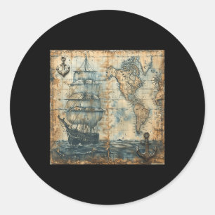 Adesivo Redondo Mapa Náutico Antigo Vintage Navio Pirata Iate Mar