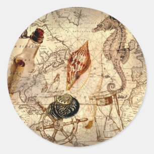 Adesivo Redondo Mapa náutico do seashell litoral da estrela do ma