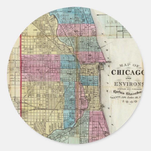 Adesivo Redondo Mapa Vintage de Chicago (1869) (Frente)