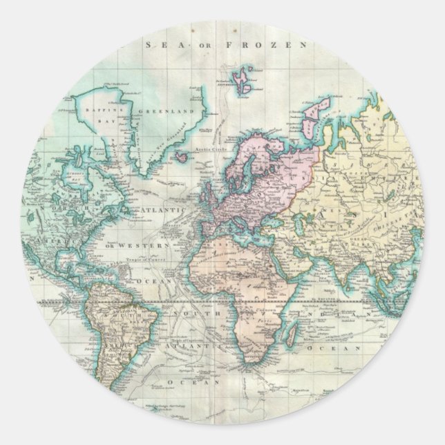 Adesivo Redondo Mapa Vintage do Mundo (1801) (Frente)