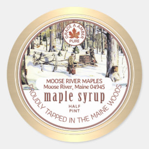 Adesivo Redondo Maple Syrup Tapped Trees Maple Borda Dourada Folha