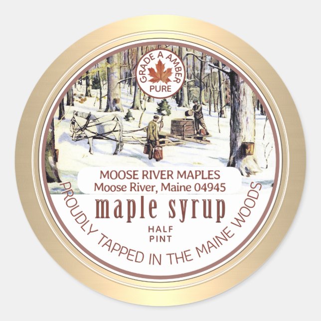 Adesivo Redondo Maple Syrup Tapped Trees Maple Borda Dourada Folha (Frente)