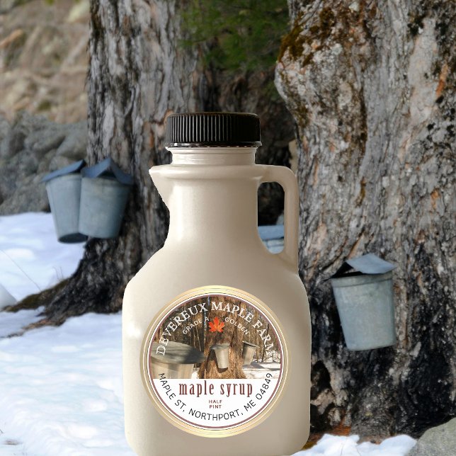 Adesivo Redondo Maple Syrup Tapped Trees Maple Borda Dourada Folha (Criador carregado)