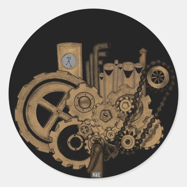Adesivo Redondo Máquina Steampunk (Brassy) (Frente)